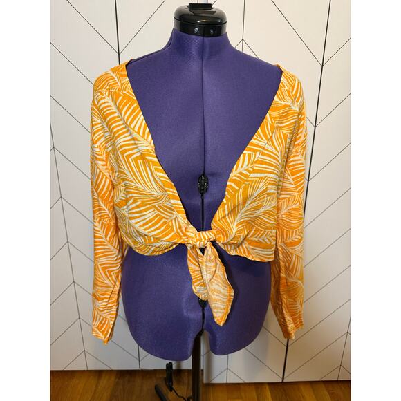 Shade and Shore Women Medium Orange White Tropical Print Linen Blend Tie - Picture 1 of 9